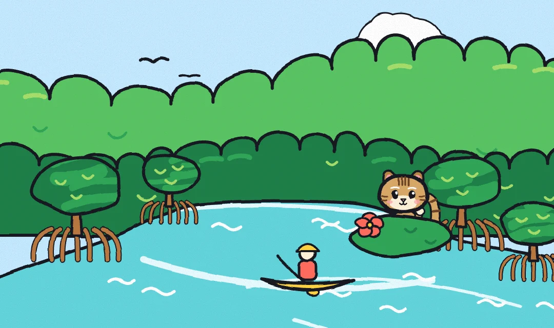 マングローブの川をカヌーで進む西表島のイラスト