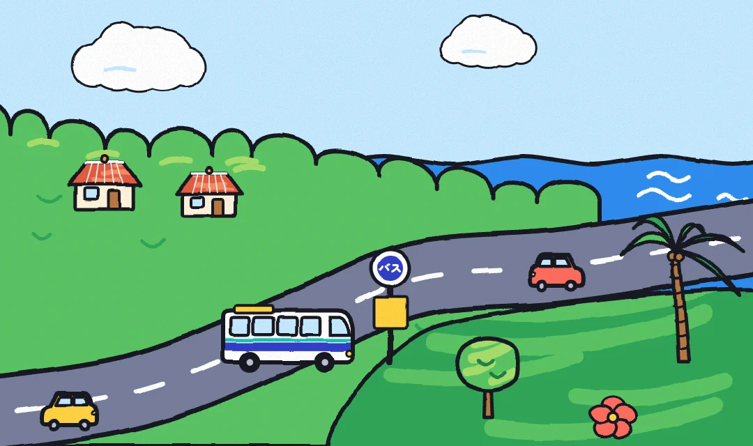 海沿いの道を走る路線バスとバス停のイラスト