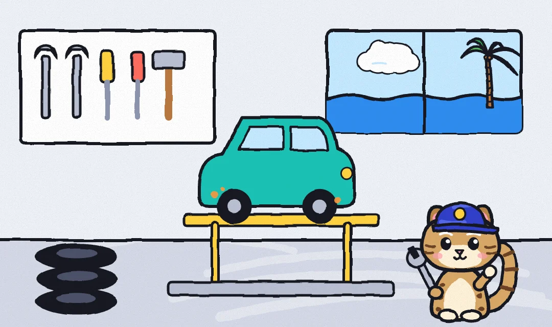 整備工場で車を整備するイリオモテヤマネコのイラスト